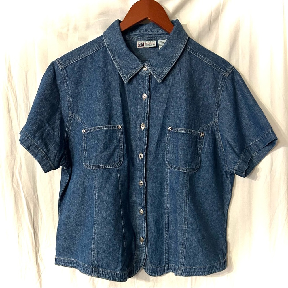Faded Glory Denim Button Down Cropped Shirt
